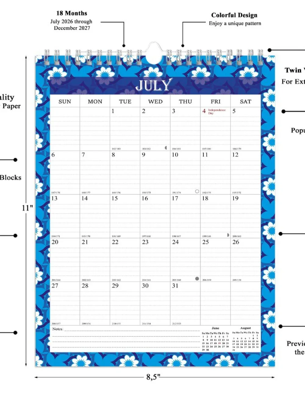 2026-2027 Wall Calendar Spiral-bound Twin-Wire Binding - 18 Months 8.5